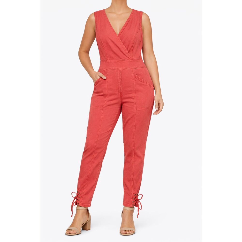 Venus Twill Utility Jumpsuit Size 8 Coral Sleeveless Lace-Up Ankle‎ Tapered Leg